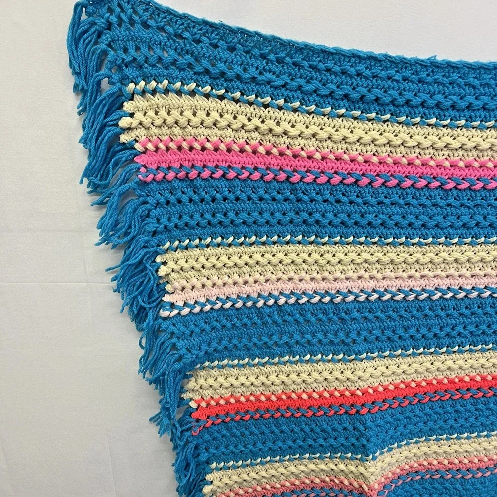 Vtg Afghan Crochet Blanket Handmade Fringed Throw 50x29 Baby‎ Blue Pink Cream